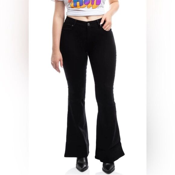 1822 Denim Black Wide Flare Leg Mid Rise Denim Jeans Size 0/25 New - Picture 2 of 7
